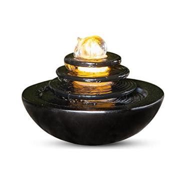 Imagem de Fontes de mesa para interior fonte de água de mesa zen cascata Feng Shui cascata decoração de casa mesa centro de mesa fonte relaxante disco de 3 camadas e bacia circular com luzes LED bola 7,8 I