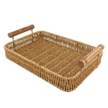 Imagem de Bandeja de Plástico 30cm Trançada com Alça Marrom
