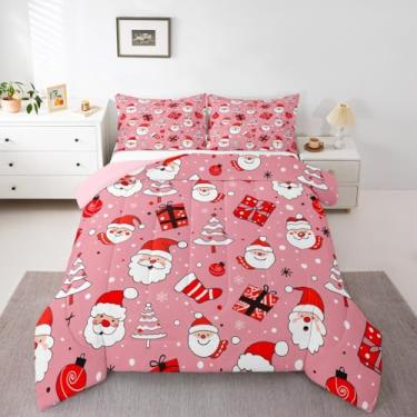 Imagem de Feelyou Conjunto de cama de Natal rosa macio para meninos e meninas, Papai Noel e floco de neve, edredom solteiro, árvore de Natal, edredom de microfibra, 2 peças com 1 fronha