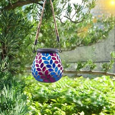 Imagem de Lanterna de jardim suspensa solar, frasco de vidro de mosaico, LED branco quente, decoração ao ar livre
