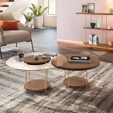 Imagem de Kit De Mesa De Centro Sky Com Pés Em Aço E Tampo Vidro E Mdf Castanho