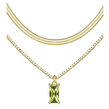 Imagem de Colares femininos com pedra do mês de nascimento de ouro - Colar delicado banhado a ouro 14K em camadas com pingente de diamante verde brilhante, simples, leve, conjunto de colar de corrente de ouro