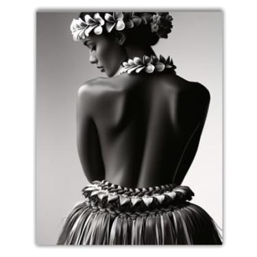 Imagem de Retrato de dançarino hula polinésio, impressão artística de fotografia em preto e branco, saia tradicional de lei e grama, decoração havaiana em preto e branco - Impressão de pôster 28 x 35 cm - SEM