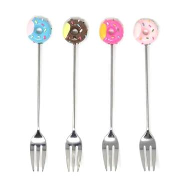 Imagem de 4 peças de garfo de sobremesa de rosquinha doce fofo garfo de aperitivos de frutas talheres criativos para casa, restaurante, festa, reunião, piquenique