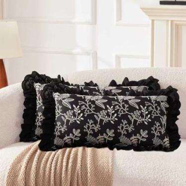 Imagem de HAUSFRAU Conjunto de 2 capas de travesseiro de 30,5 x 50,8 cm, floral estilo francês, bordado e renda com acabamento de babados, fronhas decorativas chiques para sofá, casamento, preto