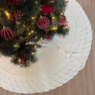 Imagem de Saia tricotada para árvore de Natal de 121 cm com estampa de ponto de sereia e botões de escama de peixe, lavável na máquina, branca