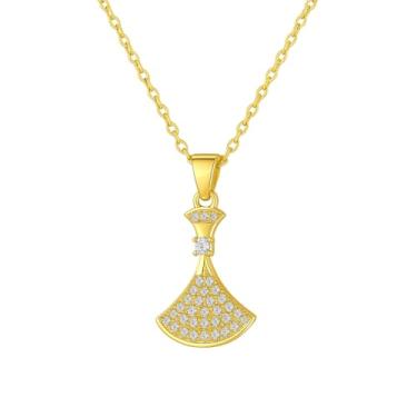 Imagem de Colar feminino com pingente de vestido de ouro rosa banhado a ouro 18 K, corrente de aço inoxidável com zircônia cúbica, elegante saia dançante, joia de presente para esposa, namorada, mãe, Pendant