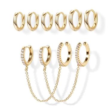 Imagem de Poxtex Brincos de argola de corrente de ouro para mulheres, corrente de piercing duplo, conjunto de brincos de argola para cartilagem de pilha pequena para piercings múltiplos, conjunto de joias de