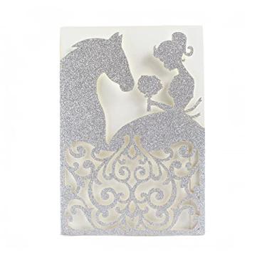 Imagem de 50 cartões de convite com corte a laser Silver Horse Girl para festa de aniversário de 15 anos 50 conjuntos (prata)