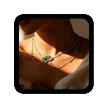Imagem de Allereyae Gargantilha vintage em camadas esmeralda colar quadrado de cristal verde colares de corrente de elos de ouro verde Cz colares com pingente de corrente borla gargantilha de esmeralda criada