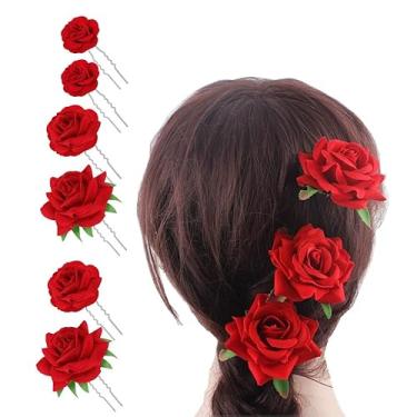 Imagem de 6 peças de grampos de cabelo femininos com flor de rosa vermelha, grampos de cabelo em forma de U, grampos de cabeça de noiva, grampos florais, presilhas de cabelo mexicano rosa para festa de