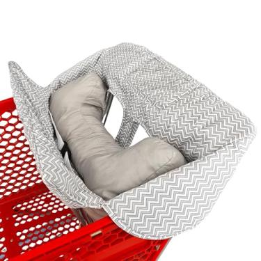 Imagem de Almofada macia anexada ao carrinho de compras 2 em 1 e capa de cadeira alta para bebês, capa de carrinho acolchoada de algodão, estilo dobrável, portátil com bolsa de transporte (Chevron cinza)