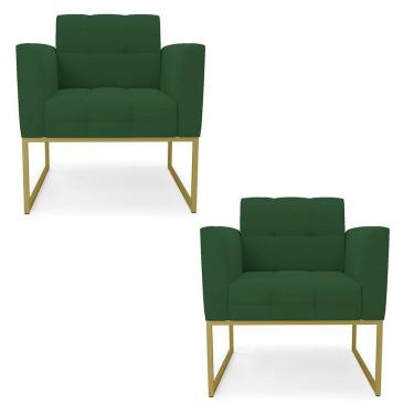 Imagem de Kit 2 Poltronas Elisa Veludo Base Metálica Industrial Dourado - D'rossi Cor Verde