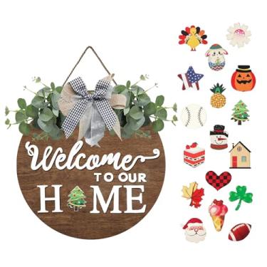 Imagem de DOUSUI Placa de boas-vindas intercambiável para decoração de porta da frente Guirlandas de madeira redondas rústicas penduradas na parede decoração de varanda de fazenda placa de madeira sazonal para