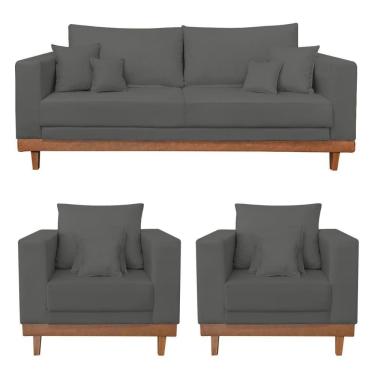 Imagem de Kit 2 Poltronas Living + Sofá 3 Lugares Com Base Madeira Suede Cinza