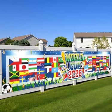 Imagem de Bandeira da Copa do Mundo, Bandeiras do Mundo 2026, Decoração Internacional Interna Externa Foto Pano de Fundo com Troféu Bola de Futebol para Festa Varanda Placa de Quintal para Restaurante Bar Casa