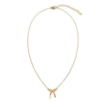 Imagem de Rumgey Colares com inicial para mulheres, colar de laço delicado pequeno com pingente de letra minúscula, colar de aço inoxidável, à prova d'água, moderno, bonito, laço, colar, monograma, nome