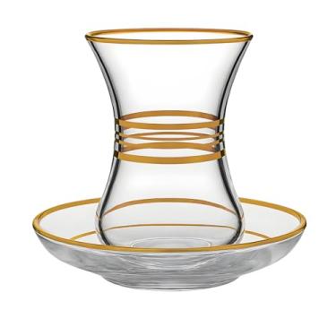 Imagem de yersiz Conjunto de 6 xícaras de chá turcas de vidro transparente e pires (12 peças), design com faixas douradas, formato tradicional de cintura fina, 130 ml, copos elegantes resistentes ao calor para