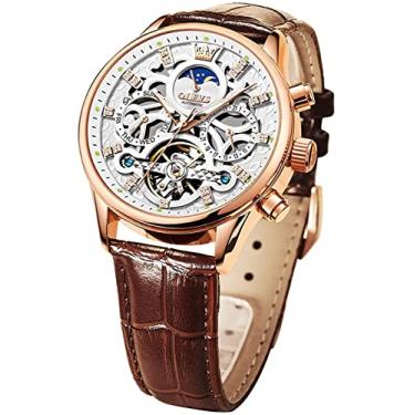 Imagem de OLEVS Relógio de pulso masculino esqueleto automático, casual, marrom, preto, couro, fase da lua, luminoso, à prova d'água, Couro marrom e rosto branco, Relógio esqueleto, mecânico