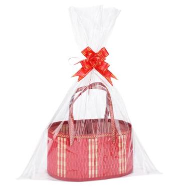 Imagem de MADHOLLY Cestas de tecido de bambu para presentes vazias – Kit de cesta de presente resistente dobrável para embrulhar com alça de celofane, para Dia das Bruxas, Ação de Graças, inauguração de casa