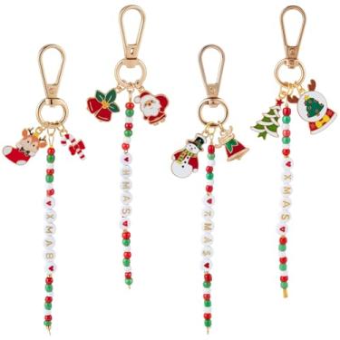 Imagem de SOFPLATE Conjunto de 4 estilos de chaveiros de Natal com berloques de Natal, sino estético, guirlanda de floco de neve, boneco de neve, cervo, Papai Noel, meia de Papai Noel, berloques esmaltados para