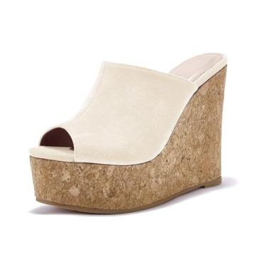 Imagem de LAICIGO Sandália feminina com plataforma plataforma de dedo aberto, cortiça, camurça sintética, vestido de verão, Damasco, 39