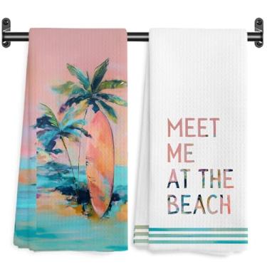 Imagem de WARDOS Boho Toalhas de cozinha de praia costeiras, Meet Me at The Beach Toalhas de mão decorativas para banheiro cozinha, palmeira tropical prancha de surf prato toalha de chá pano de secagem, 40,6 x