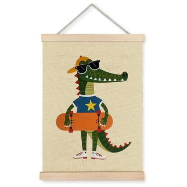 Imagem de YTRGI Decoração de parede de crocodilo, skate, berçário, decoração de quarto infantil, moderno, jacaré, animal, pôster, moldura para quarto de crianças, berçário, quarto de meninos, sala de jogos, 30