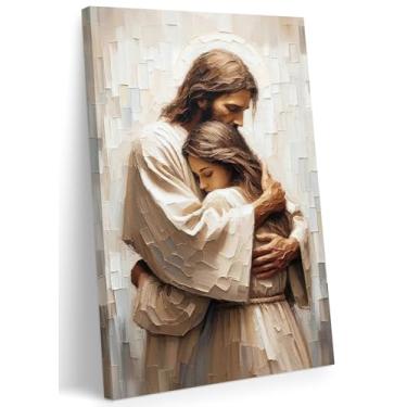 Imagem de FWAHREN Arte de parede em tela de Jesus cristão, arte de pintura religiosa texturizada abraçando mulher, quadro bíblico emoldurado, pôster impresso, decoração de parede para igreja, sala de oração