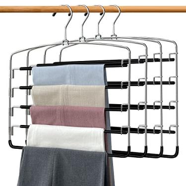 Imagem de Cabides para calças, 4 peças, cabide de calça com braço oscilante, suporte para calça que economiza espaço, 5 camadas de cabides de jeans com antiderrapante, organizador de armazenamento de vários cabides para calças, cachecóis, gravatas