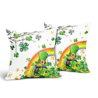 Imagem de Evlaschin Conjunto de 2 capas de travesseiro de São Patrício trevo da sorte trevo elfo chapéu de elfo arco-íris algodão linho fronhas - 40,6 x 40,6 cm férias interior exterior sofá sofá quadrado