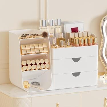 Imagem de FYABREEK Organizador de maquiagem com 2 m de gavetas e porta-pincéis – Estojo de armazenamento de cosméticos para penteadeira, bancada de banheiro e mesa – Organizador de artigos de cuidados com a