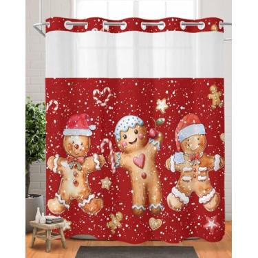 Imagem de Prime Leader Linda cortina de chuveiro Gingerbread Man sem gancho com forro de encaixe flocos de neve de Natal cortina de chuveiro vermelha para banheiro, forro interno de tecido impermeável com