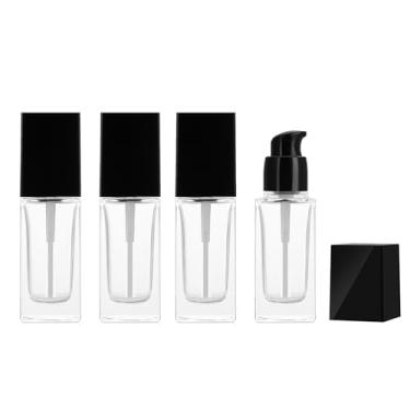 Imagem de Pacote com 4 frascos de loção de vidro quadrados transparentes de 30 ml, recarregáveis, atomizador de perfume transparente com tampas pretas, recipientes vazios de tamanho de viagem para óleos