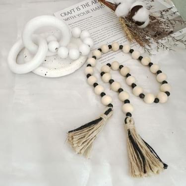 Imagem de 2 peças decorativas de madeira nó corrente decoração e contas boho fazenda rústica decoração de mesa de casa conjunto de guirlanda prateleira decoração de mesa de centro (branco)