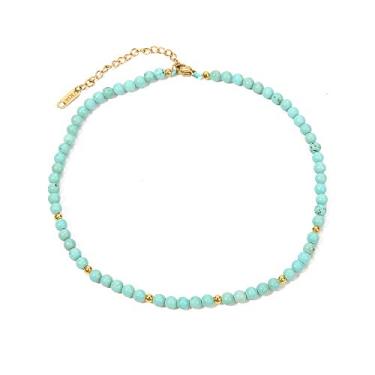 Imagem de BALIBALI Colar gargantilha com contas de pedra semipreciosa, banhado a ouro 14K, colar de fio duplo, colar curto em camadas, Aço inoxidável banhado a ouro, Turquesa