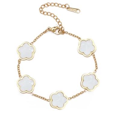 Imagem de XROSIA Pulseira feminina de trevo banhado a ouro 18 quilates com elos de quatro folhas, joias modernas, presentes, One Size, Aço inoxidável, Sem Pedra Preciosa