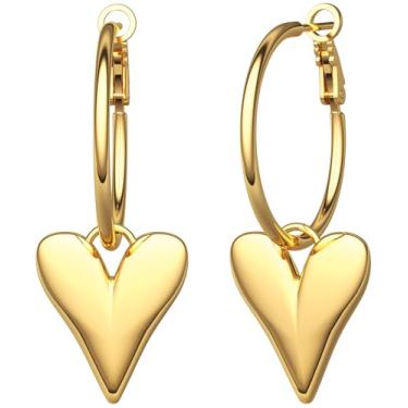 Imagem de Brincos de gota de coração de ouro 14K para mulheres - brincos femininos pequenos de coração de ouro com pingente de argola pendurados em forma de coração para namorados leves Aretes De Corazon Para