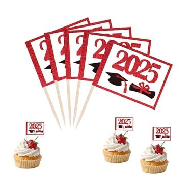 Imagem de JBSJBS Boné vermelho 2025 formatura cupcake topper bandeiras bandeira mini pequeno 2025 graduação palito palito bandeiras diploma graduação bolo decoração tema festa (100 peças)
