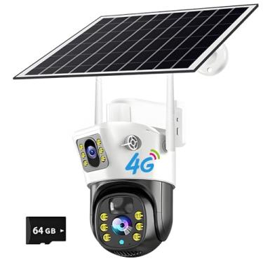 Imagem de Câmera de segurança V380 4G alimentada por energia solar, visualização de 360 graus, clareza de 4 MP, design à prova d'água com visão noturna, inclui cartão de 64 GB