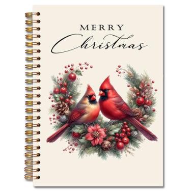 Imagem de Exqcom Caderno de Natal vermelho cardeal espiral, bagas de azevinho vermelho de inverno botânico, diário de férias para mulheres, caderno de capa dura de feliz Natal, material escolar, 14 x 21 cm