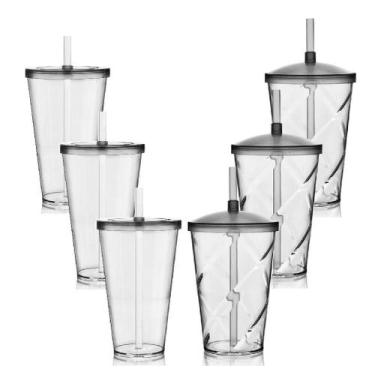 Imagem de Kit 3 Copos Com Tampa 700Ml 3 Copos Com Tampa 550Ml Acrílico - Krystal