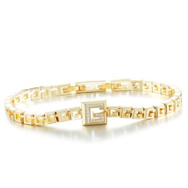Imagem de Pulseira de ouro feminina moderna, banhada a ouro 14K, pulseira delicada com corrente de elos delicados, comprimento 16,5 cm, 6.5inch, Latão, Zircônia cúbica