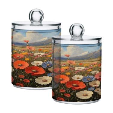 Imagem de ATTX Dispensador vintage para pintura a óleo de flores silvestres para bola de algodão, cotonete, frasco de boticário de plástico transparente, pote de armazenamento de cozinha para decoração de casa