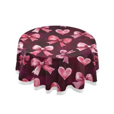 Imagem de SEHANY Toalha de mesa redonda com laço rosa de 152 cm, tecido lavável sem rugas, toalha de mesa decorativa de renda para restaurante, casamento, acampamento, festa de cinco de maio