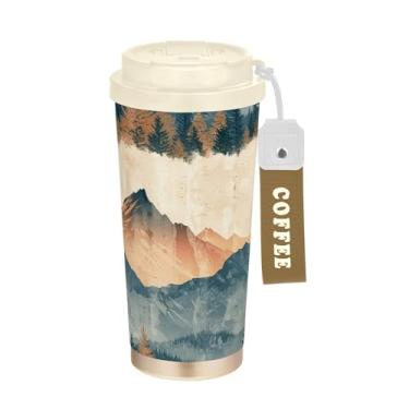 Imagem de SEHANY Caneca de viagem com paisagem de montanha em aquarela de 482 g, copos de café reutilizáveis revestidos de cerâmica com tampa à prova de vazamento, parede dupla, isolamento a vácuo, copo de café