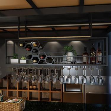 Imagem de HGTRH Suporte para copo de vinho pendurado no teto, prateleiras flutuantes para parede com prateleiras de taças de vinho, rack de vinho para pendurar loja de arte de metal industrial de ferro