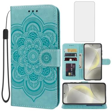 Imagem de Bohefo Capa para Galaxy S25, capa carteira para Samsung S 25 5G com protetor de tela de vidro temperado, suporte para cartão de crédito de couro mandala, suporte para Samsung Galaxy S25, verde