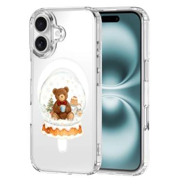 Imagem de MAYCARI Capa de telefone de Natal para iPhone 16 compatível com ímã bola de cristal marrom urso transparente capa de telefone magnética para meninas mulheres capa protetora à prova de choque TPU macio