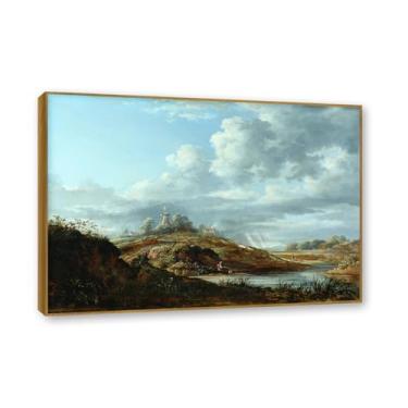 Imagem de Moldura de teca. Arte em tela romantismo estilo constable (um moinho de vento acima de um rio), pintura de paisagem inglesa emoldurada, decoração de parede elegante para sala de estar escritório. 70 x